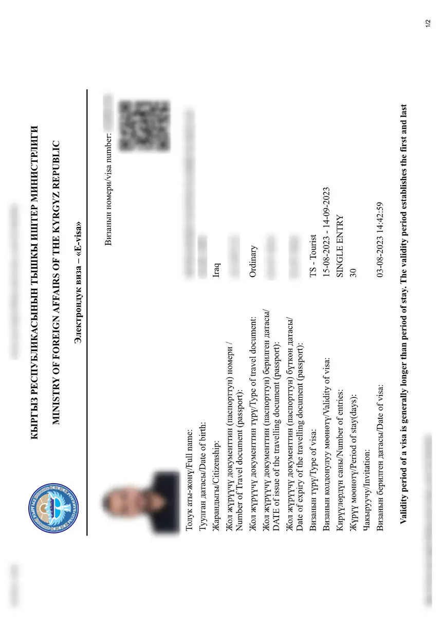 Sample Kyrgyzstan e-Visa document
